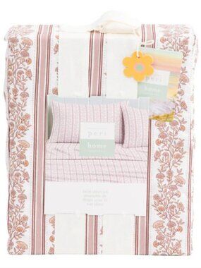 NWT Peri Home Full Sheet Set Tan Taupe Striped Floral Print